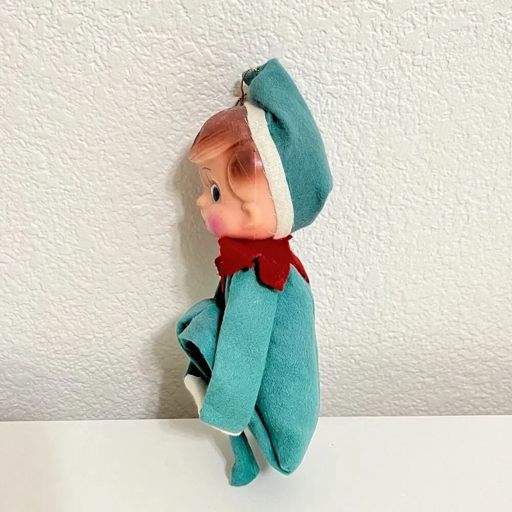 Vintage Knee Hugger Elf Pixie Doll Christmas Ornaments Rubber Face Lot of 2